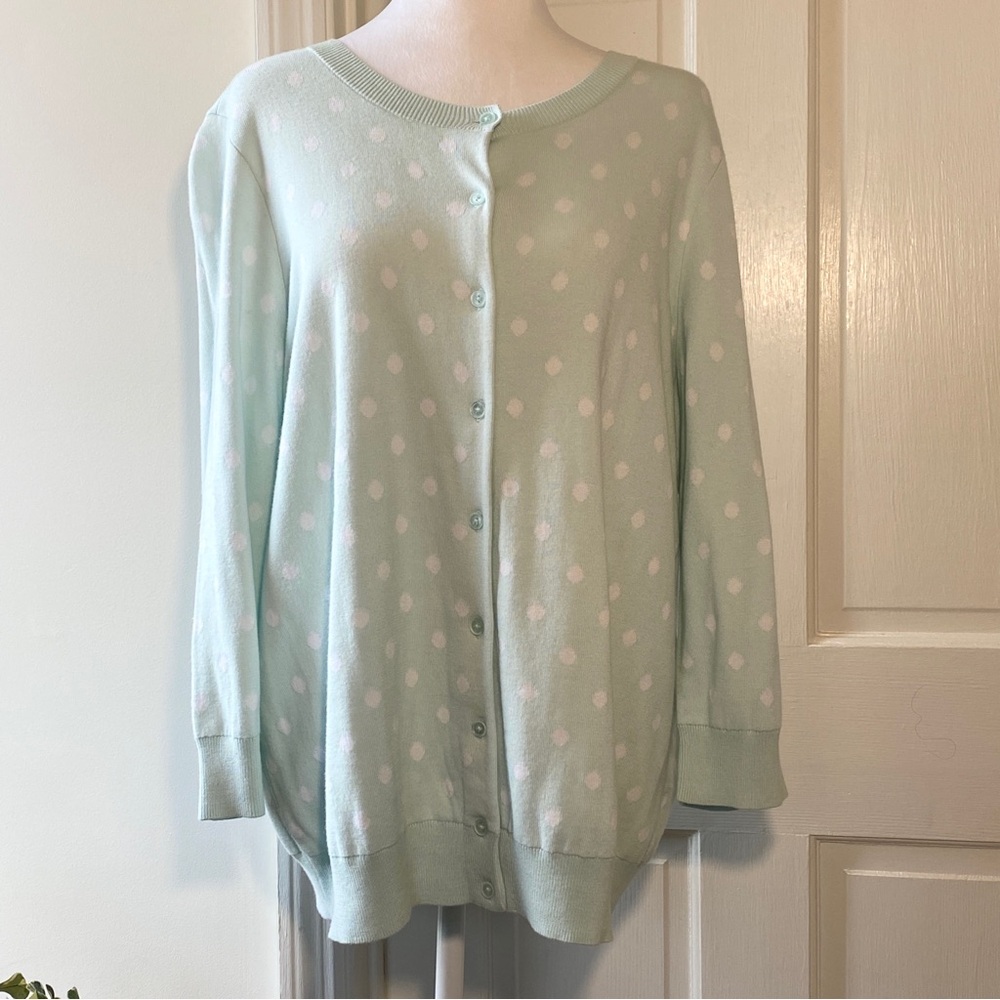 Talbots Womens Sweater Cardigan 1X Blue Polka Dots Button Up 3/4 Sleeveless